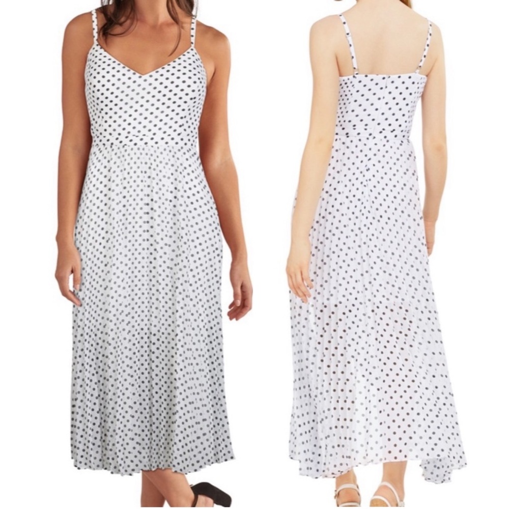 Guess Pleated Asymmetrical Black Polka Dots White Midaxi Dress